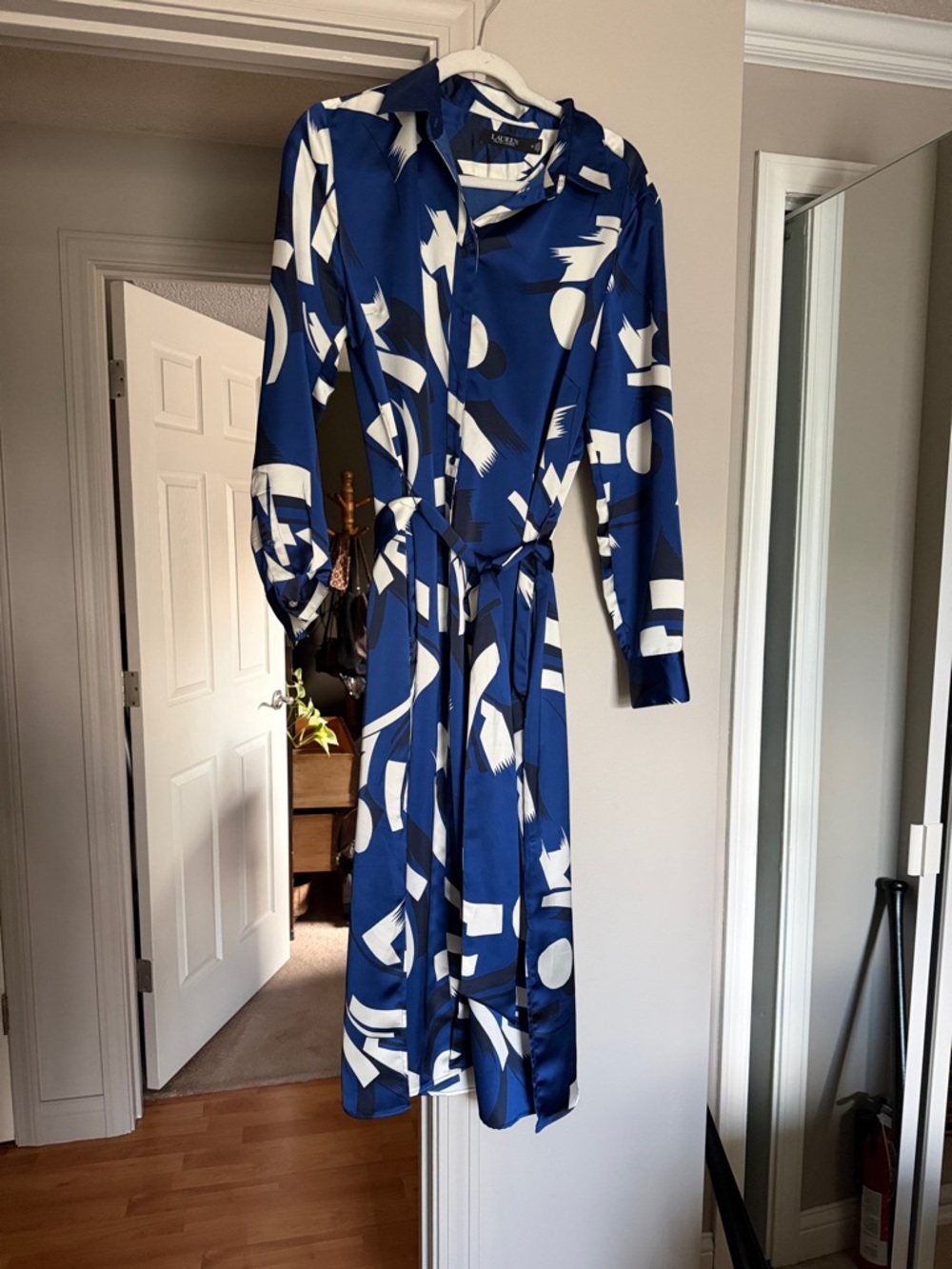 Ralph Lauren Blue and White Abstract Tie-Waist Shirt Dress